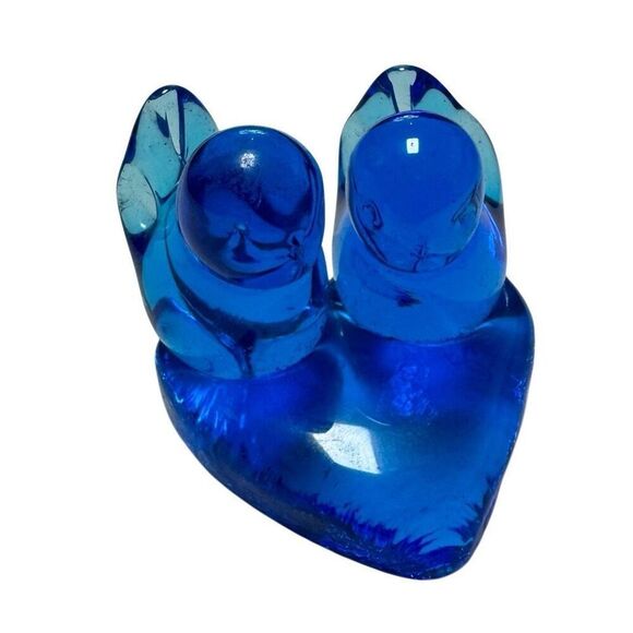 VINTAGE 1993 DOUBLE BLUEBIRD OF HAPPINESS LEO WARD SIGNED GLASS BLUE PAPERWEIGHT - Picture 1 of 8